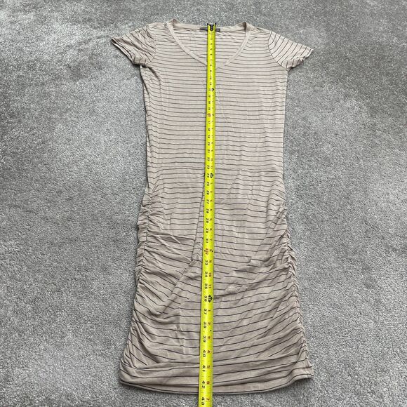 Prana Ruched Bodycon Midi Dress Womens Medium Beige Stripe V-Neck Stretch Casual - Picture 6 of 13